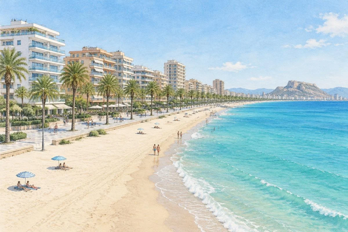 Illustration du littoral de Playa de San Juan et de ses résidences à Alicante