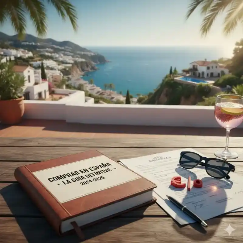 Un guide intitulé "Comprar en España - La Guía Definitiva 2024-2025" sur une table en bois avec un contrat, un stylo, des lunettes de soleil et un verre de boisson fraîche, avec en arrière-plan une magnifique vue sur la côte espagnole, la mer, des maisons blanches et des palmiers sous un ciel ensoleillé.