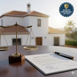 Une balance de la justice dorée et un document intitulé "NOTA SIMPLE" avec un stylo sur une table en bois, devant une villa espagnole au soleil, symbolisant l'importance d'un avocat pour la sécurité juridique de l'achat immobilier en Espagne.