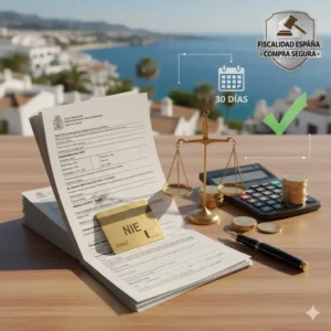 Des documents fiscaux espagnols, un stylo, des pièces de monnaie, une calculatrice, le NIE et une balance de la justice sur une table en bois, avec une maison blanche en arrière-plan et un bouclier "FISCALIDAD ESPAÑA - COMPRA SEGURA", symbolisant la fiscalité et la sécurité des achats immobiliers en Espagne.