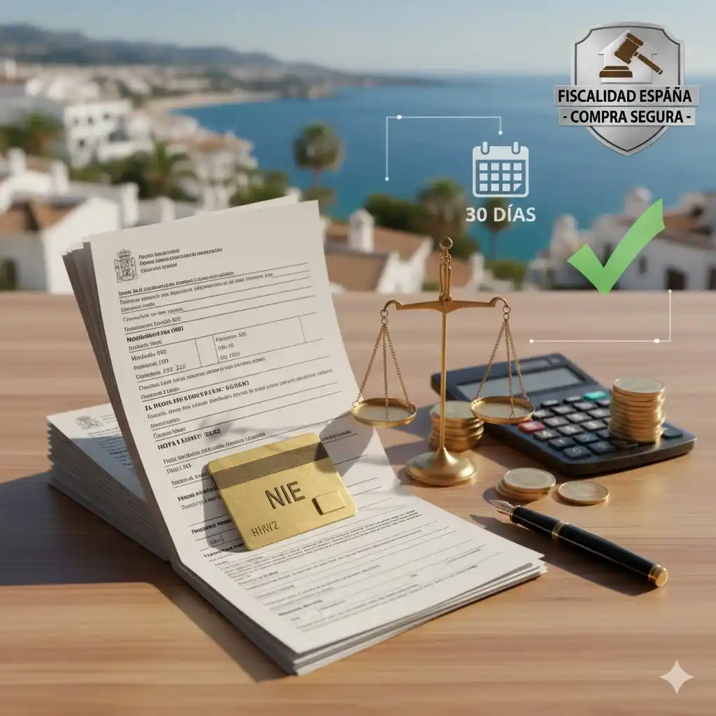 Des documents fiscaux espagnols, un stylo, des pièces de monnaie, une calculatrice, le NIE et une balance de la justice sur une table en bois, avec une maison blanche en arrière-plan et un bouclier "FISCALIDAD ESPAÑA - COMPRA SEGURA", symbolisant la fiscalité et la sécurité des achats immobiliers en Espagne.