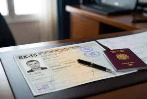 Certificat officiel de NIE espagnol (document EX-15) avec passeport européen, prêt pour une signature chez le notaire ou un achat immobilier