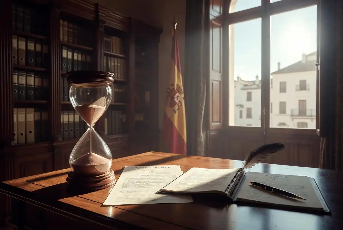 Avocat fiscaliste préparant un dossier de succession immobilière en Espagne avec sablier symbolisant le délai fiscal de 6 mois et documents officiels.