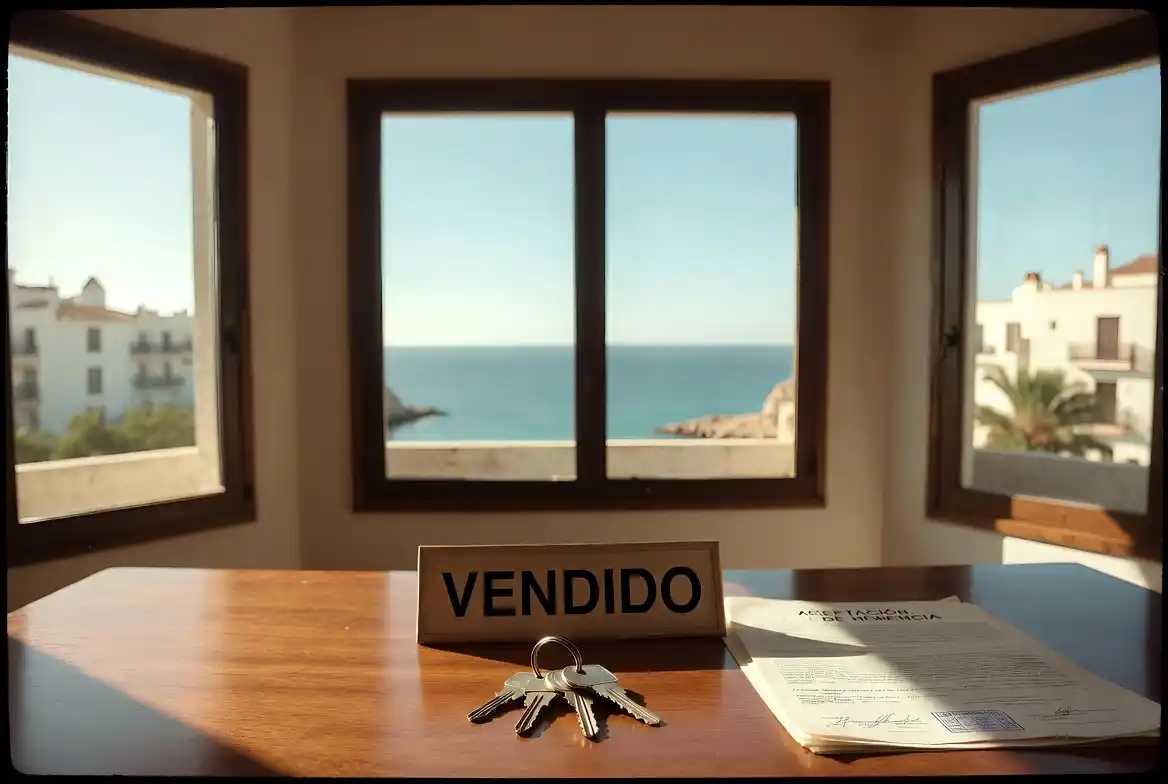 Clés de maison et panneau 'Vendu' en espagnol posés sur des documents d'acceptation de succession authentifiés par un notaire, dans un bureau lumineux en Catalogne avec vue sur mer.