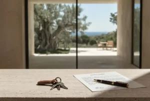 Signature d'un acte authentique Escritura pour un achat immobilier en Espagne en 2026 : clés de villa moderne, document officiel et stylo de luxe sur un bureau avec vue Méditerranée.