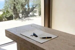 Clés de maison moderne sur un acte de vente Escritura en Espagne, avec vue Méditerranée : un investissement immobilier sécurisé et intéressant en 2026.