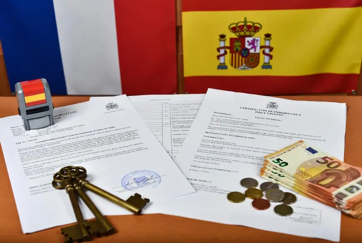 Succession en Espagne pour les Français : documents notariés, tampon espagnol, clés de villa et drapeaux France-Espagne