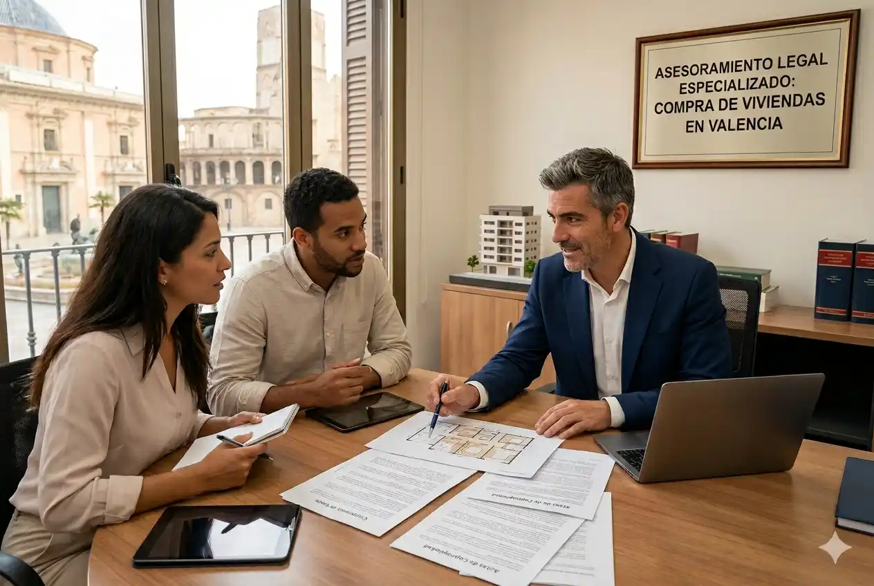 Un avocat à Valence explique les documents de copropriété et les plans d'un appartement à un couple de clients dans son cabinet.