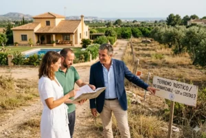Un avocat à Valence conseille un couple de clients devant un terrain rustique non constructible avec une villa en arrière-plan.