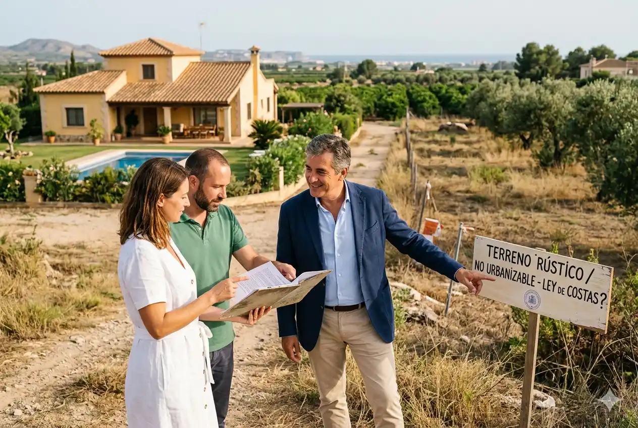 Un avocat à Valence conseille un couple de clients devant un terrain rustique non constructible avec une villa en arrière-plan.