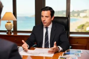 Avocat spécialisé en droit immobilier discutant avec un client dans son cabinet à Blanes, Costa Brava, Espagne, avec vue sur la plage et la mer Méditerranée
