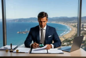 Avocat professionnel en costume examinant attentivement des contrats immobiliers avec une loupe dans son bureau à Málaga, avec vue sur la mer Méditerranée