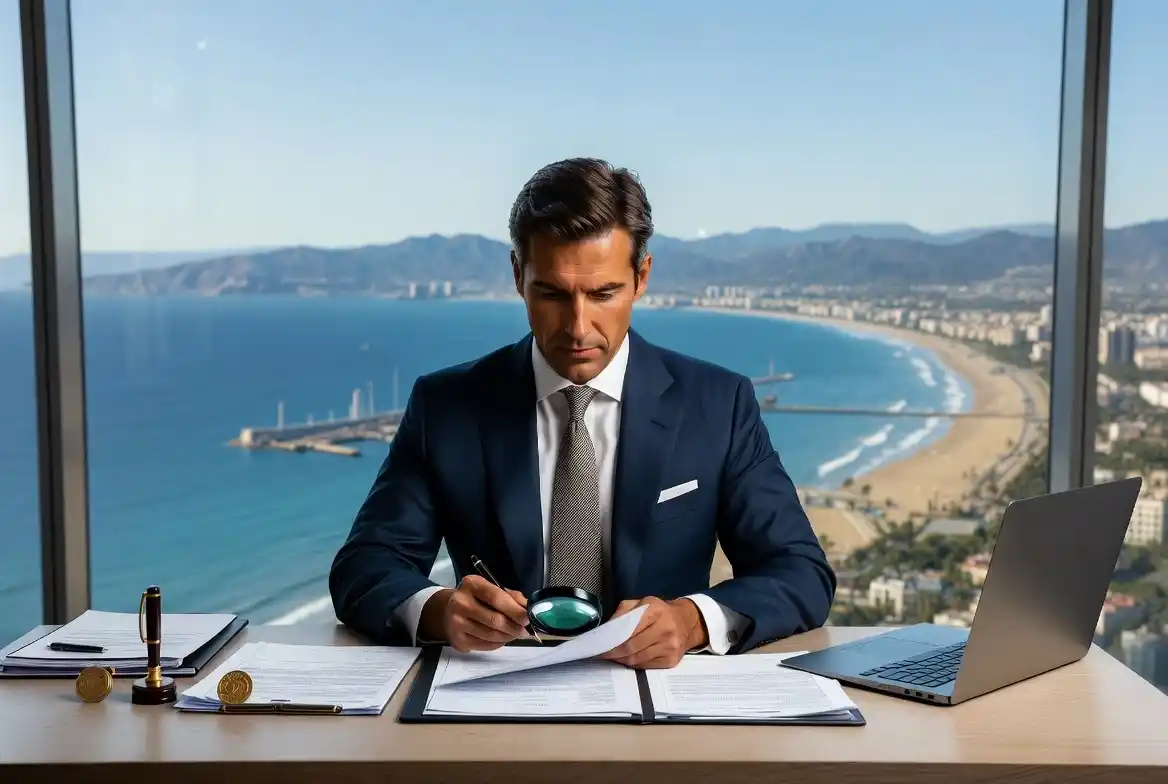 Avocat professionnel en costume examinant attentivement des contrats immobiliers avec une loupe dans son bureau à Málaga, avec vue sur la mer Méditerranée