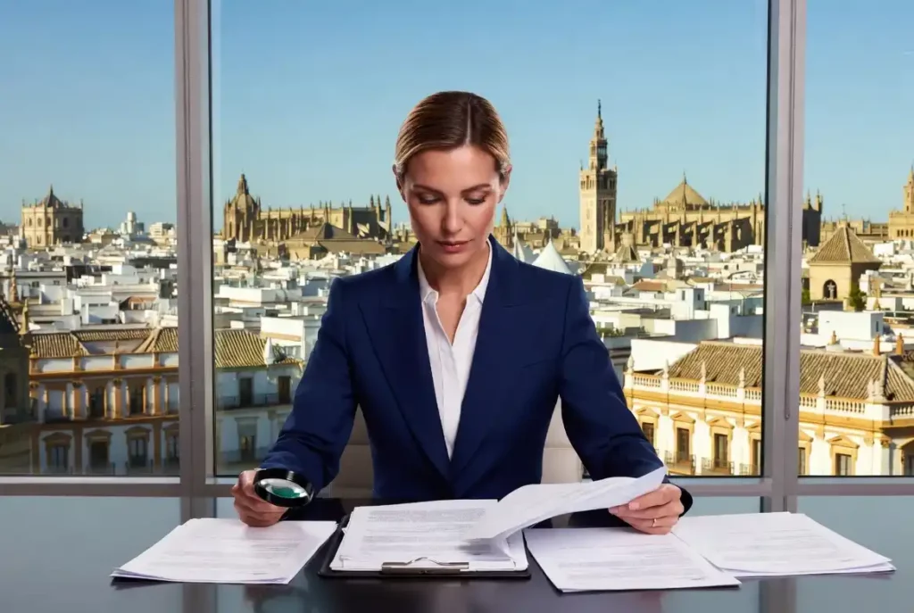Avocate examinant des documents d’achat immobilier à Séville avec vue sur la Giralda