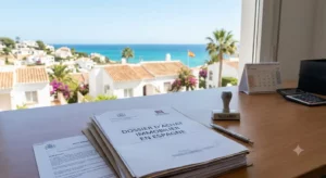 Dossier d'achat immobilier en Espagne sur un bureau face à la mer, illustrant les avantages et inconvénients d'un investissement.