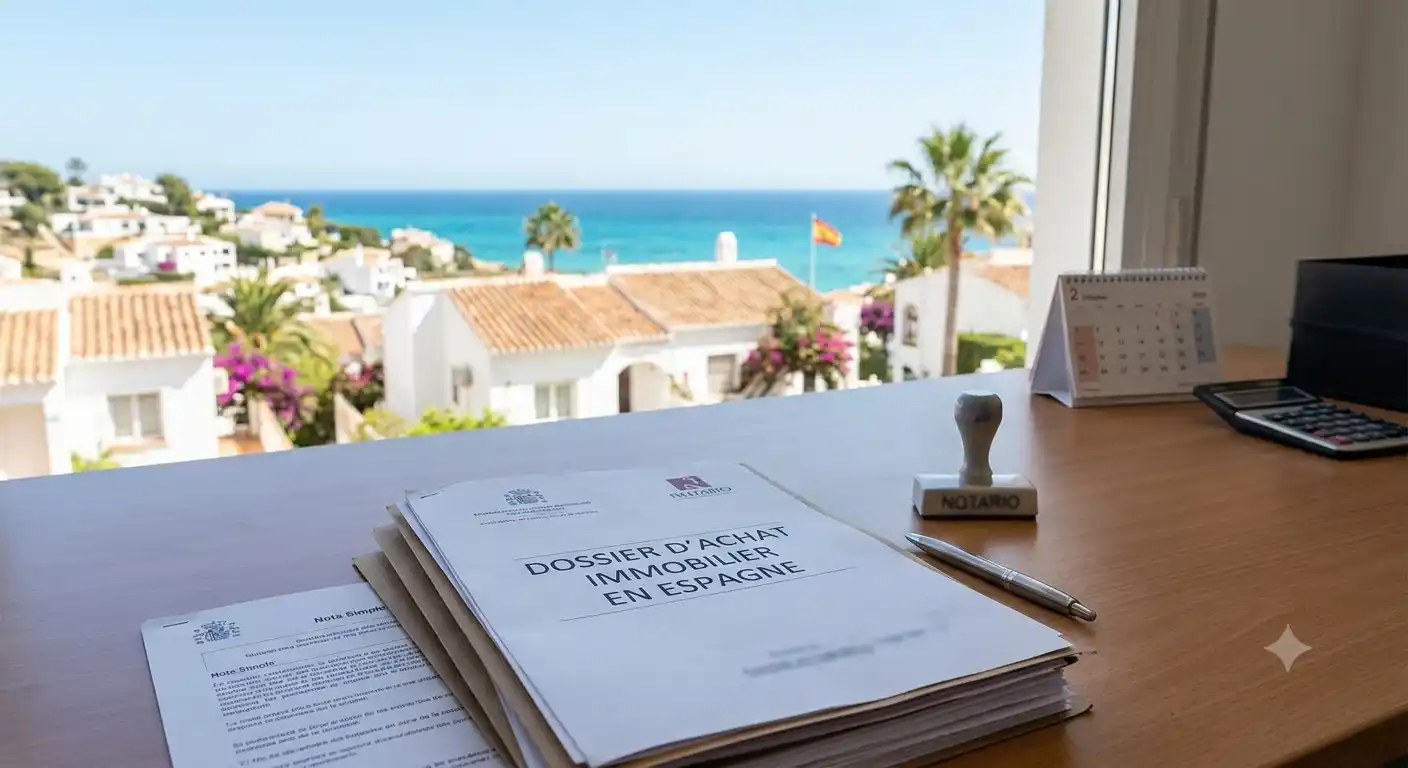 Dossier d'achat immobilier en Espagne sur un bureau face à la mer, illustrant les avantages et inconvénients d'un investissement.