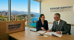 L'avocat de notre réseau Espagne Support en consultation dans un bureau avec vue panoramique sur la Costa Brava et le littoral catalan.