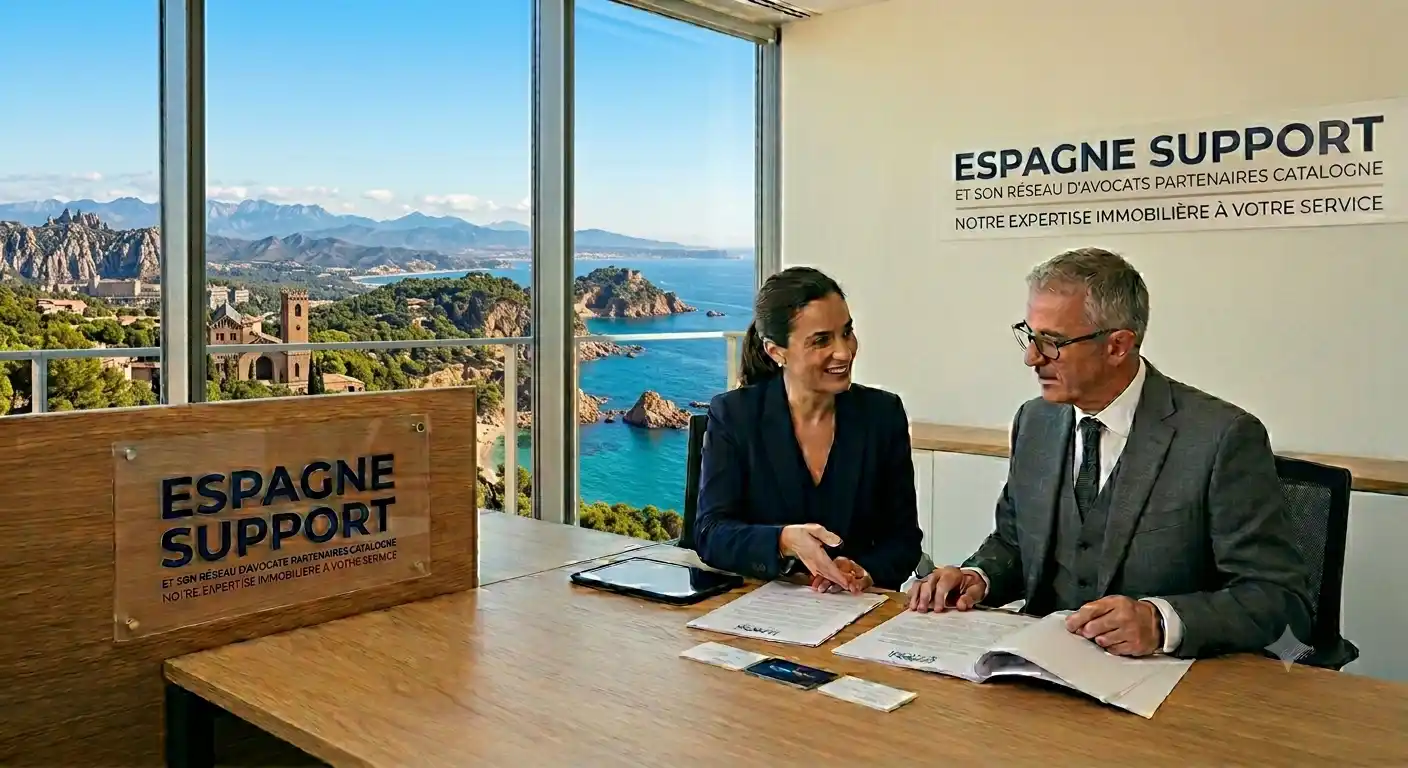 L'avocat de notre réseau Espagne Support en consultation dans un bureau avec vue panoramique sur la Costa Brava et le littoral catalan.