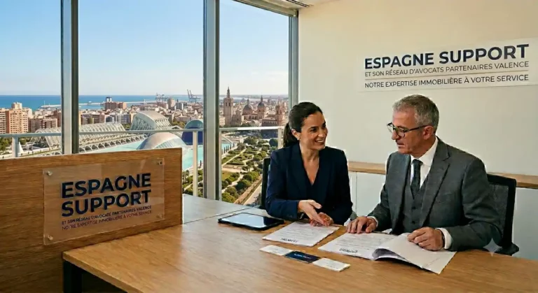 Avocats francophones partenaires d'Espagne Support à Valence analysant un contrat de vente immobilière avec vue sur l'Eixample.