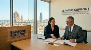 Avocats francophones partenaires d'Espagne Support à Valence analysant un contrat de vente immobilière avec vue sur l'Eixample.