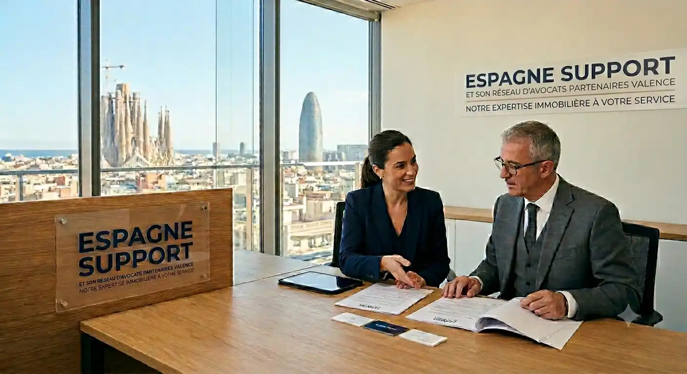 Avocats francophones partenaires d'Espagne Support à Valence analysant un contrat de vente immobilière avec vue sur l'Eixample.