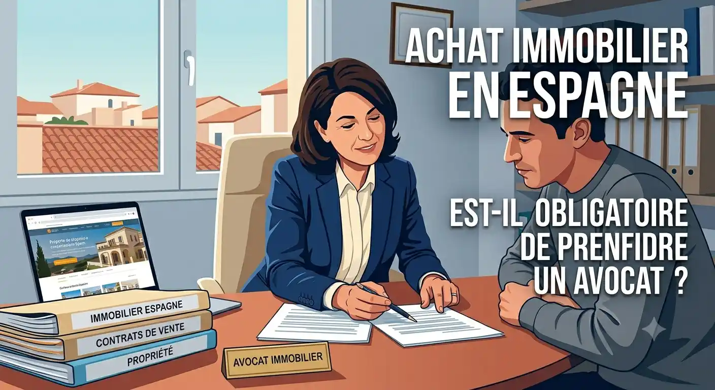 Avocate immobilière en Espagne examinant un contrat de vente avec un client francophone dans son bureau.