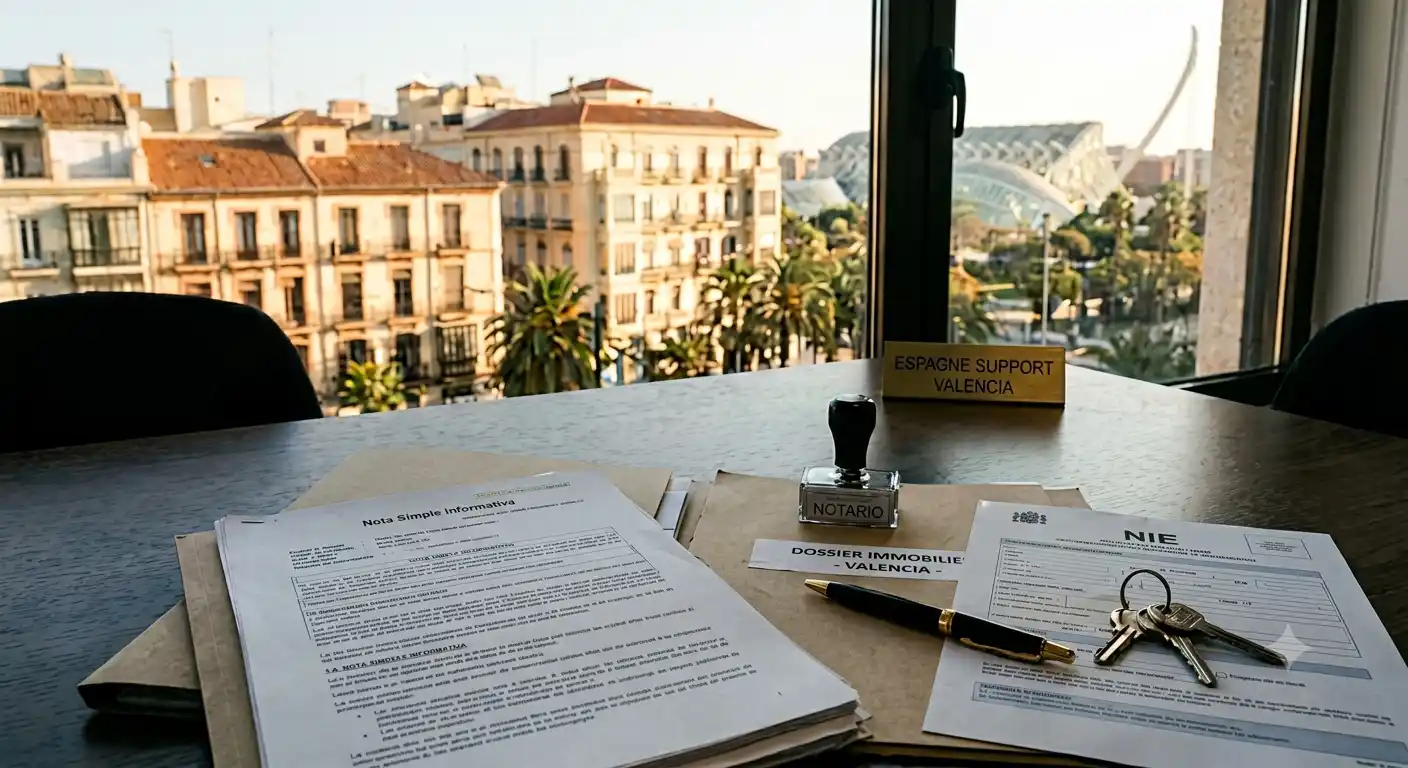 Dossier d'achat immobilier à Valencia avec documents officiels et plaque nominative ESPAGNE SUPPORT VALENCIA sur le bureau.