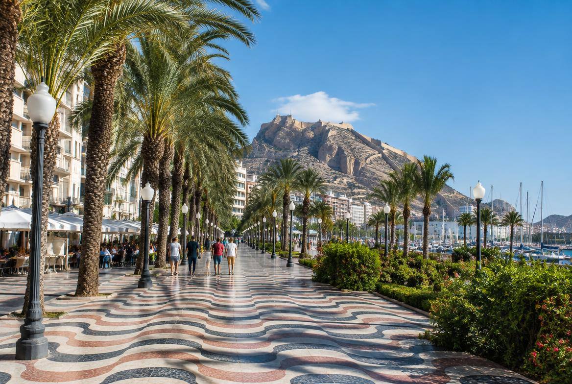 Promenade de l'Explanada d'Alicante et château de Santa Bárbara