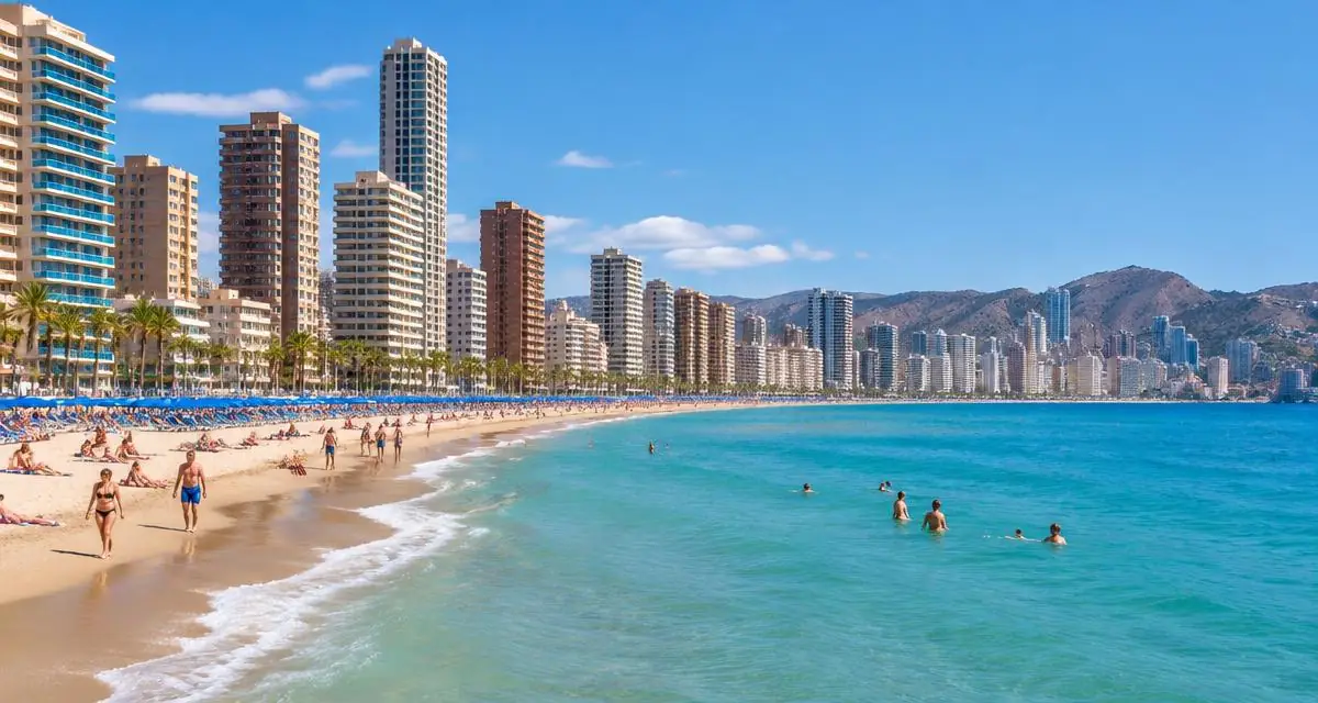 Tours résidentielles et plage du Levante à Benidorm, sur la Costa Blanca