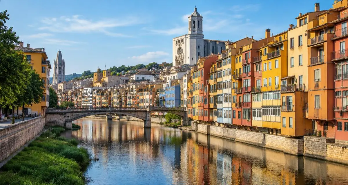 Maisons colorées au bord de l'Onyar et cathédrale de Gérone