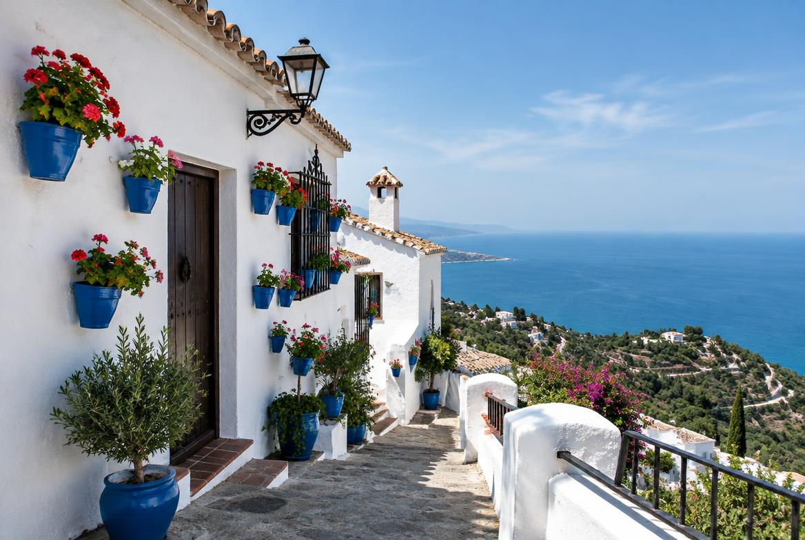 Maison blanche fleurie d'un village andalou surplombant la Méditerranée
