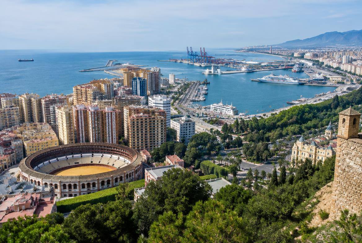 Vue du Gibralfaro sur le port et les immeubles de Malaga, ville de Maître Galepides