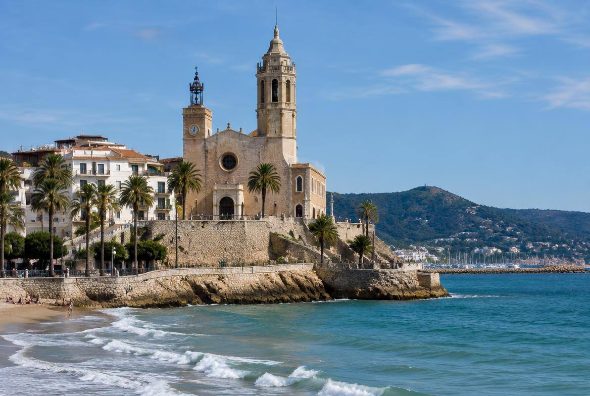 Église Sant Bartomeu au-dessus de la plage de Sitges, Costa del Garraf, secteur de Maître García