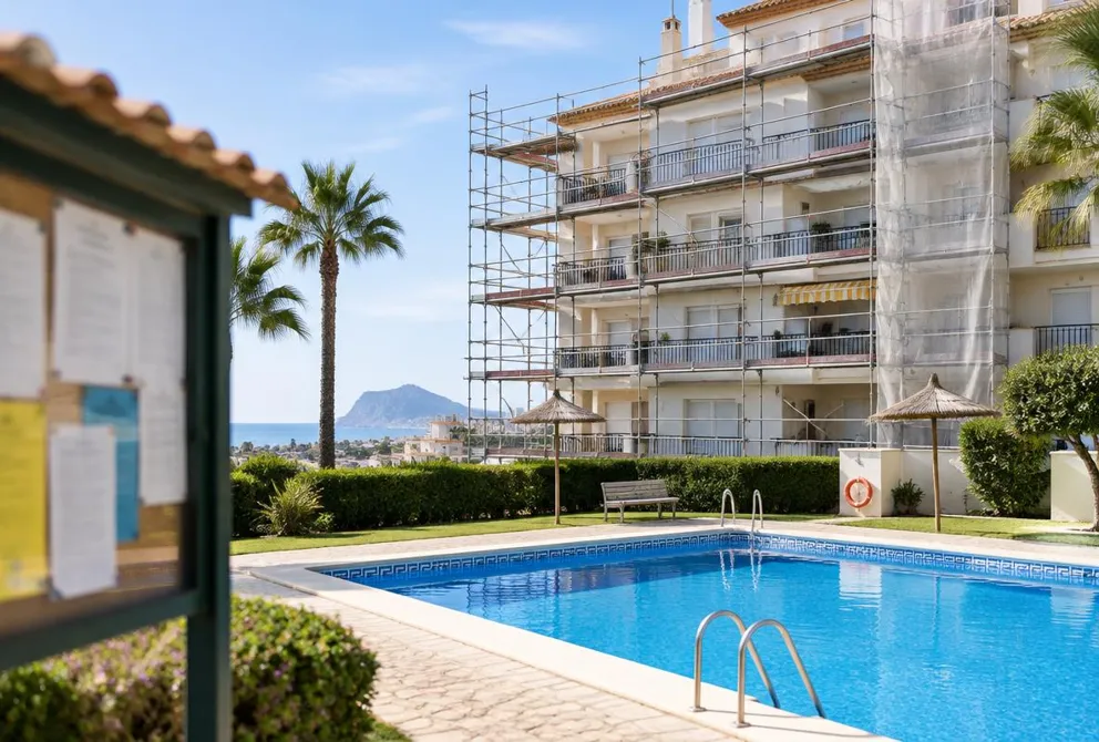 Résidence de la Costa Blanca en travaux de façade avec échafaudage, piscine commune et panneau d'affichage de la copropriété