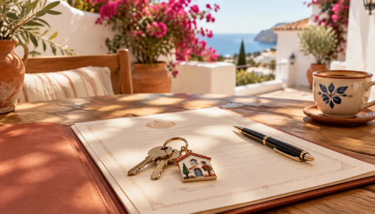 Clés d'un appartement en Espagne posées sur l'acte de vente notarié, sur une terrasse face à la mer