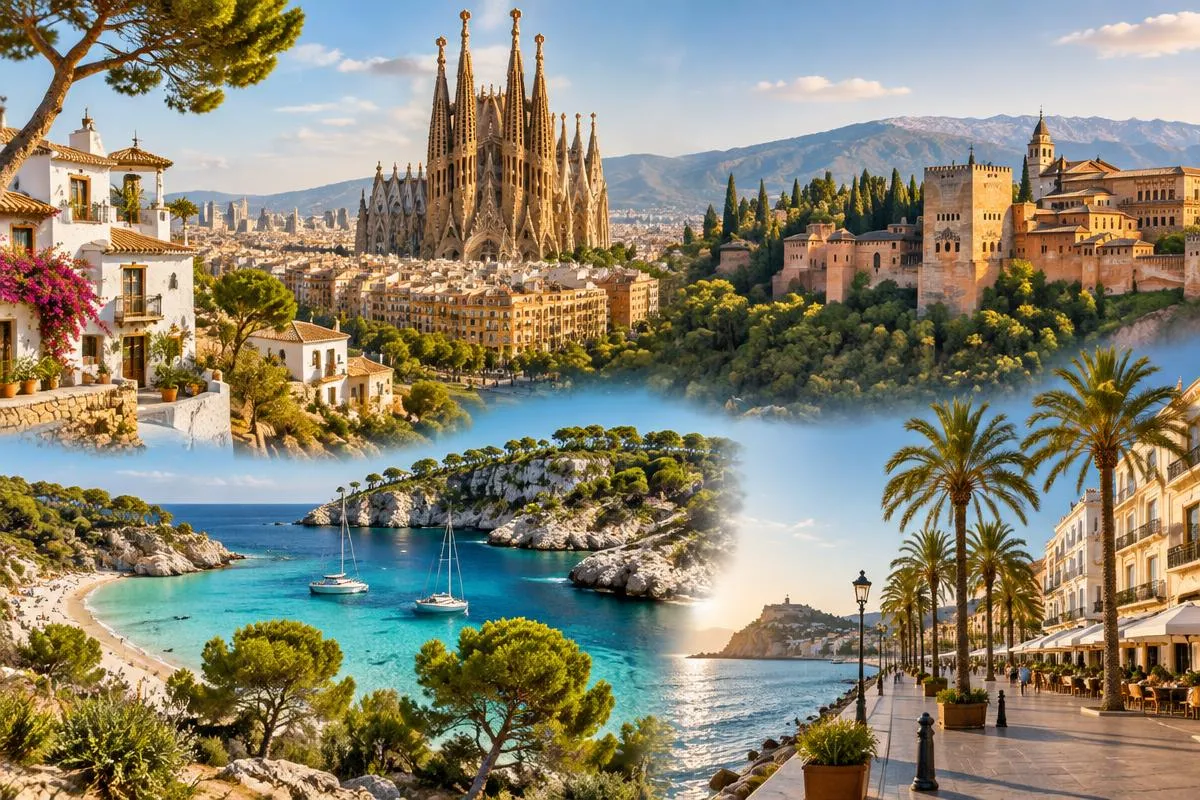 Destinations espagnoles pour une résidence secondaire : Barcelone, Alhambra de Grenade, crique des Baléares et promenade en bord de mer