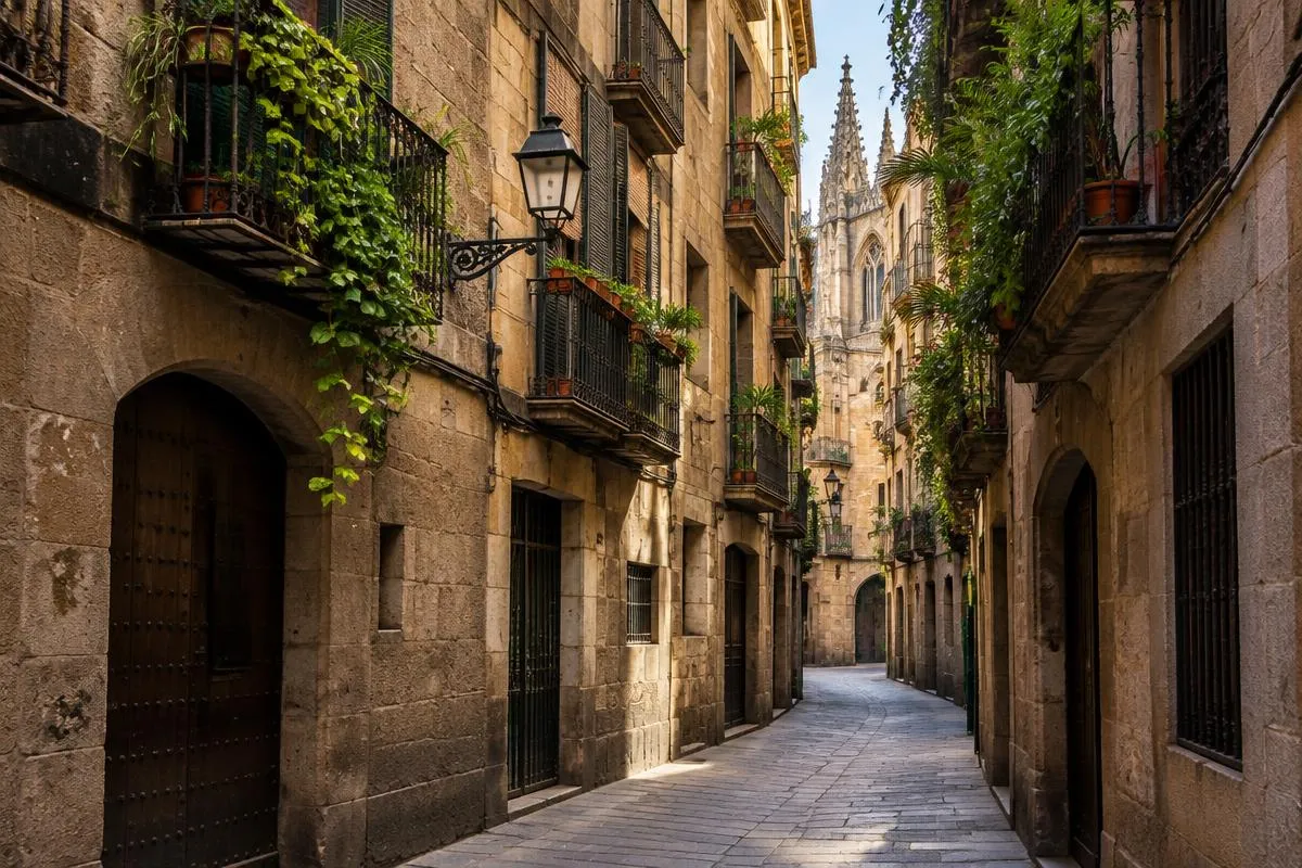 Ruelle pavée du Barri Gòtic, dans Ciutat Vella à Barcelone, avec balcons en fer forgé